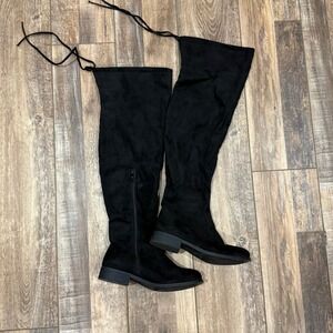 Womens Black Faux Suede Over The Knee OTK Boots Tie Back Low Block Heel 7.5